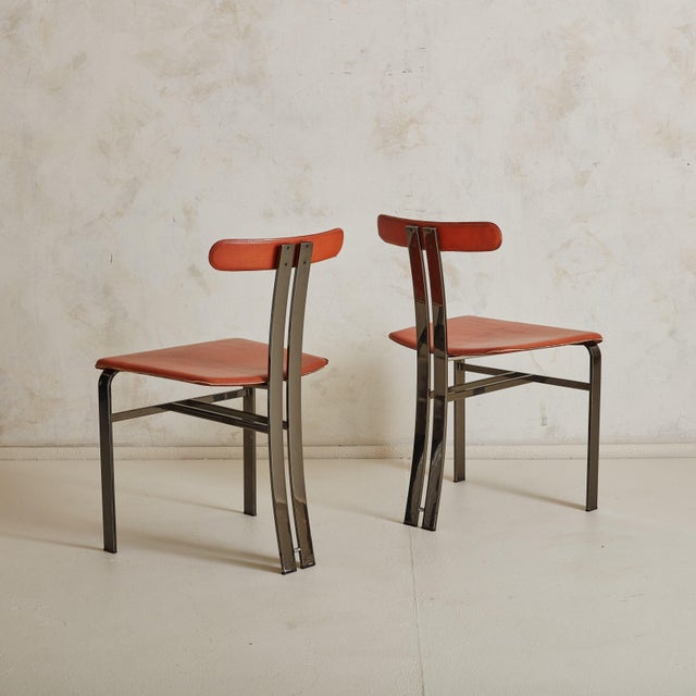 1970s Burnt Orange Leather + Chrome Frame Chairs, Italy 1970s - A Pair For Sale - Image 5 of 11
