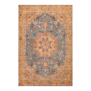 Shabby Chic Vintage 1990's Blue/Yellow Wool Rug - 9'8'' X 12'4'' For Sale