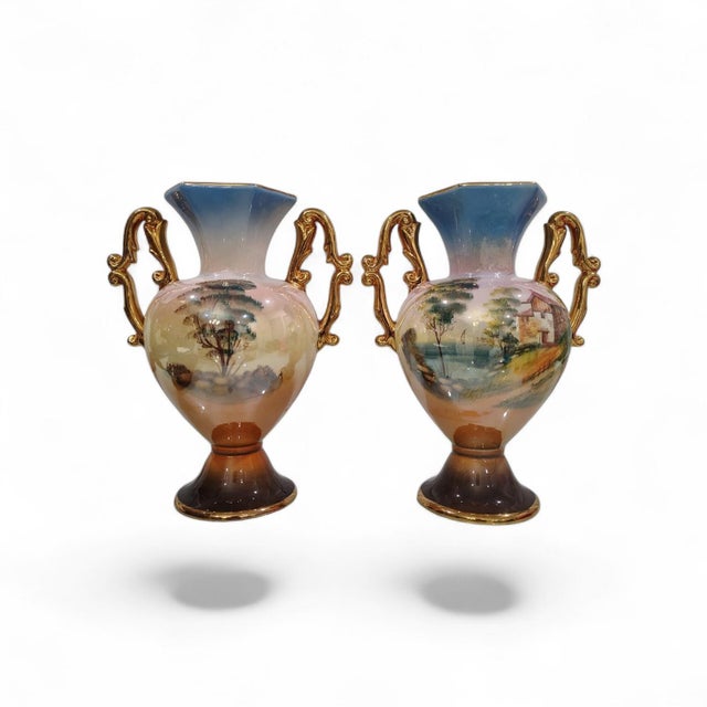 Mid-century Italian ceramic vases featuring classic European detailing. Marked “Made in Italy” on the bottom. Impeccable...