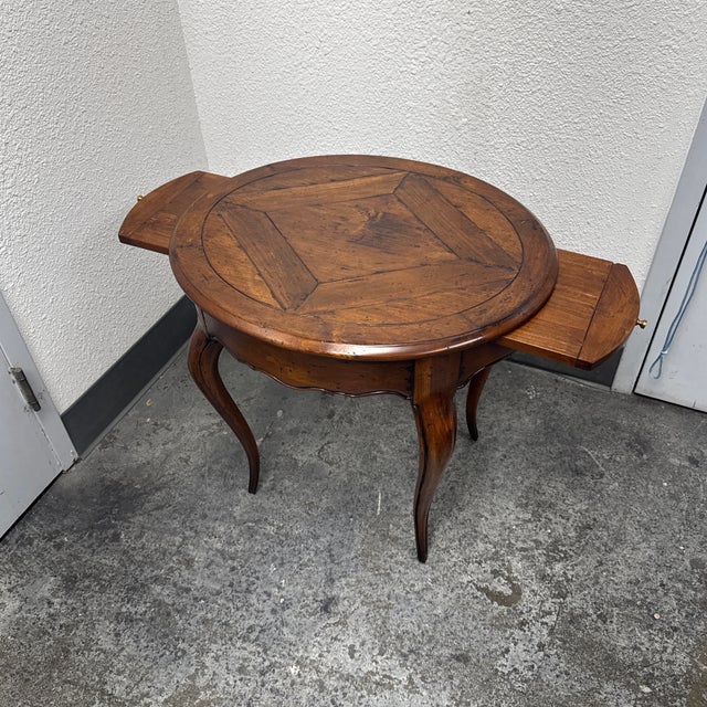 Acquisitions for Henredon Round Parquetry Pull-Out Side Table For Sale - Image 12 of 12