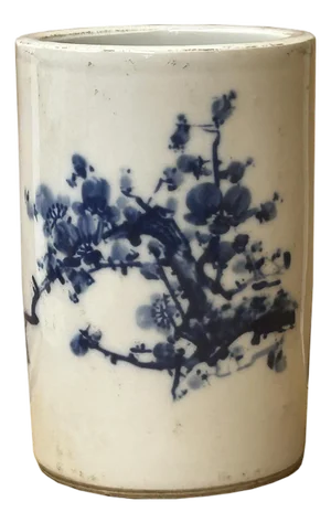 Chinese Distressed White Porcelain Blue Blossom Flower Graphic Holder Vase