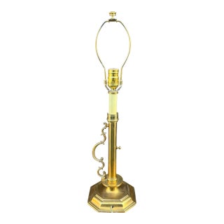 Vintage Homestead Shoppe of Indiana Brass Candlestick Lamp With Scrolled Brass Handle For Sale