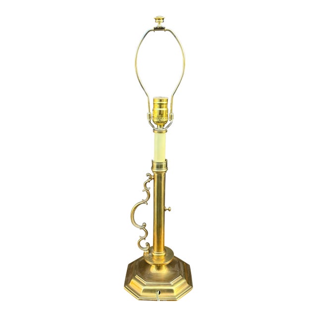 Vintage Homestead Shoppe of Indiana Brass Candlestick Lamp With Scrolled Brass Handle For Sale