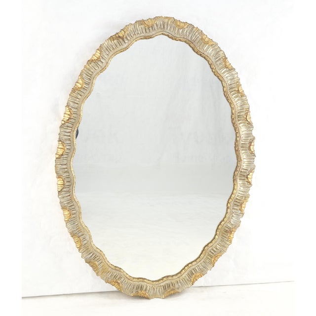 Carved Wood Scallop Edge Style Silver & Gold Gilt Oval c1970s Wall Mirror For Sale - Image 4 of 8