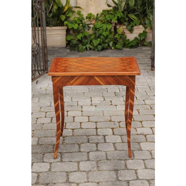 Italian 1820s Walnut Side Table with Marquetry Top, Inlaid Legs and Side Drawer For Sale - Image 9 of 11