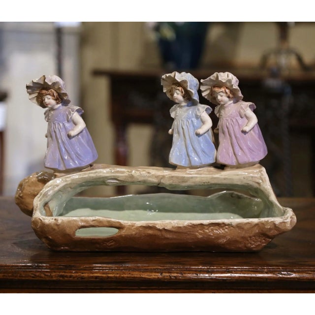 Late 19th Century 19th Century French Barbotine Centerpiece Jardinière With Young Girls For Sale - Image 5 of 11