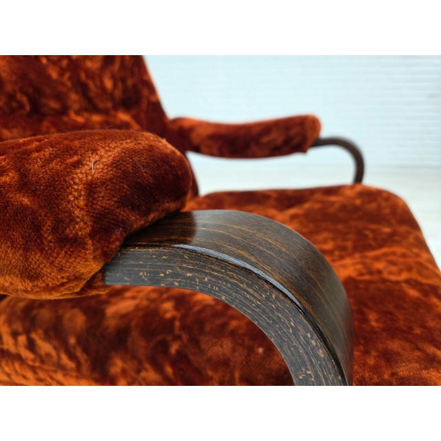 Danish Lounge Chair in Velour and Bent Oak, 1970s For Sale - Image 6 of 18
