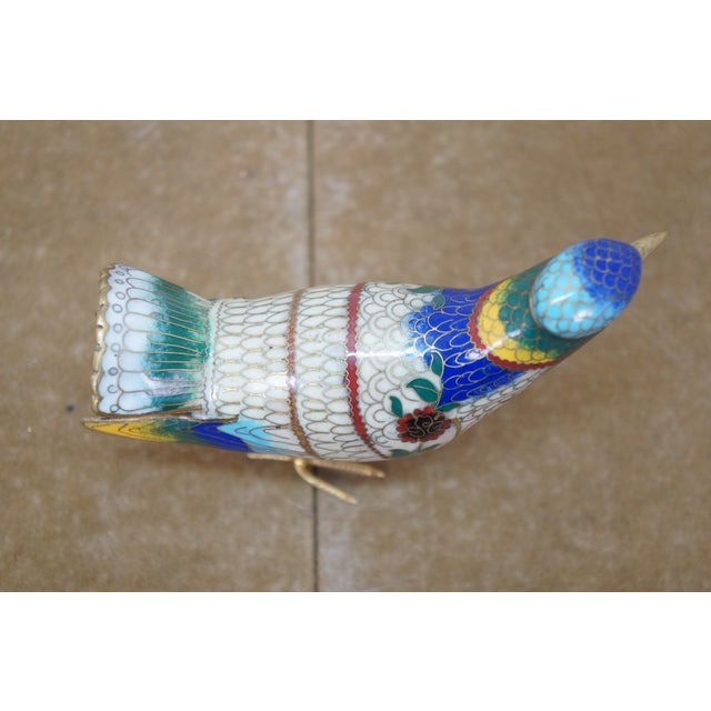 Vintage Chinese Brass Cloisonne Enamel Bird Figurine on Wood Stand 5" For Sale - Image 9 of 13