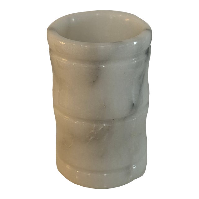 Vintage Heavy Solid White Marble Stone Vessel / Brush Holder / Bud Vase For Sale
