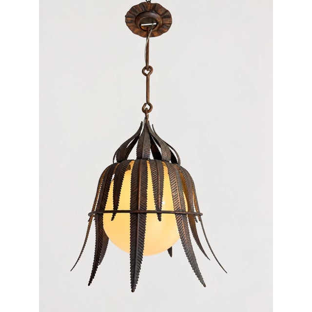 1950s 1950s Spanish Copper-Plated Iron Leaf Pendant With Opaline Glass Globe For Sale - Image 5 of 12