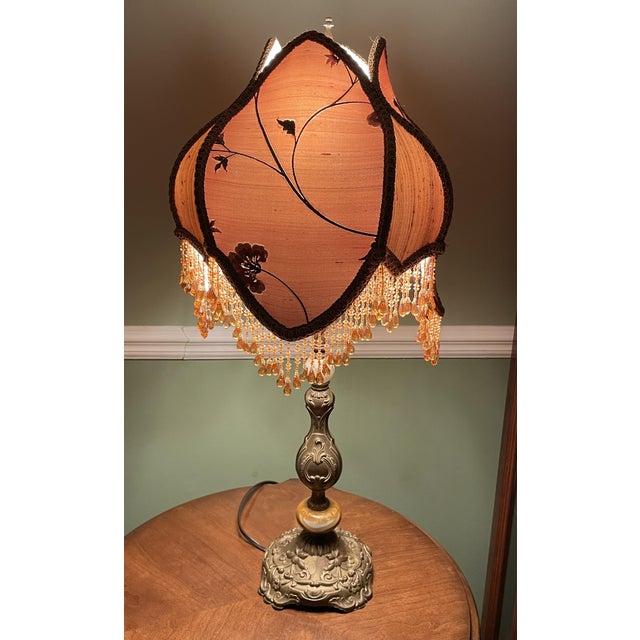 Victorian Vintage Victorian Revival Table Lamp Heavy Brass Stone Base Amber Fringe Shade For Sale - Image 3 of 16