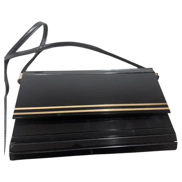 1970s Black Rodoide, Brass and Leather Italian Evening Bag For Sale - Image 14 of 15
