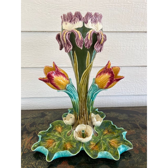 Green Antique French Majolica Vase Centerpiece Onnaing Art Nouveau Iris Tulip C1900 For Sale - Image 8 of 18
