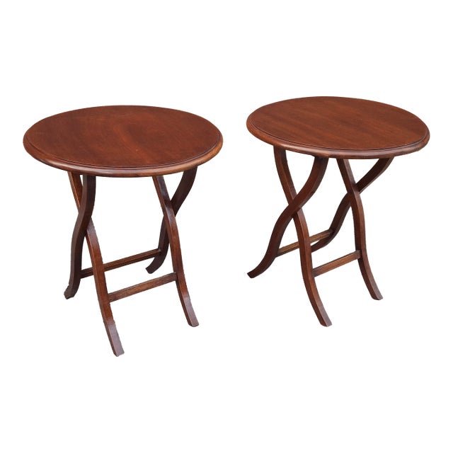 Pair Late 20th Century Folding-Form Mahogany Butler Wine Tables or Candle Stands For Sale