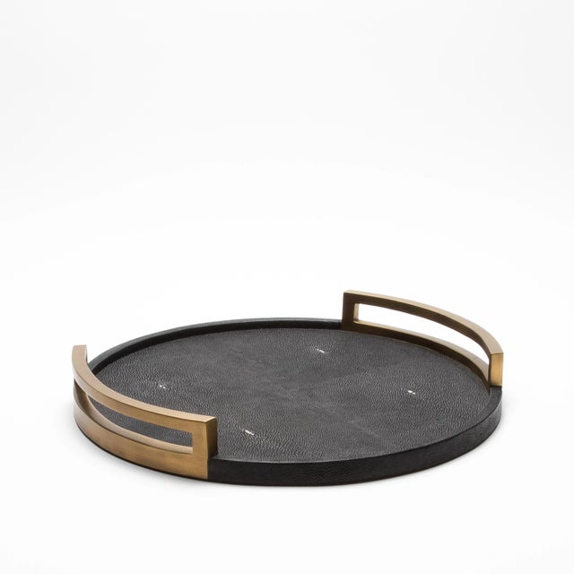 Metal Round Tray in Black Shagreen With Bronze Patina Brass by R&y Augousti For Sale - Image 7 of 11