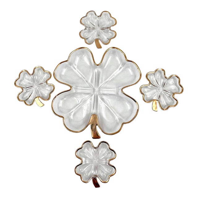 Mid 20th Century Mid-Century Modern Jeannette Glass Four-Leaf Clover Shamrock Gold Trim Serving Set - 5 Pieces For Sale