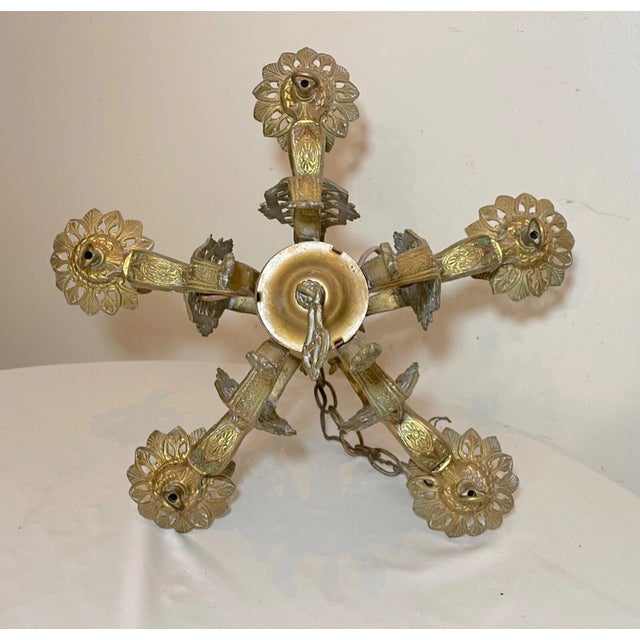 Metal Antique Ornate Art Deco 5 Arm Brass Alabaster Hanging Chandelier Fixture Lamp For Sale - Image 7 of 13