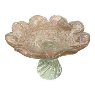 Tall Vintage Blown Pink Gold Flek Glass Italian Centerpiece Footed Bowl Murano For Sale