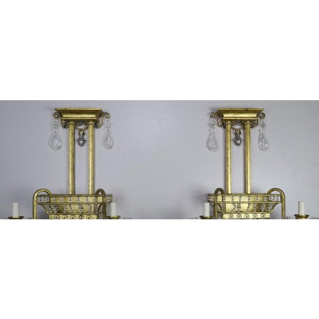 French Pair of French Bronze and Rock Crystal 2-Light Sconces For Sale - Image 3 of 13
