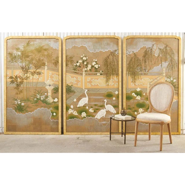 Fantastic set of three framed chinoiserie decorated landscape panels painted by Robert Crowder (1911-2010 American). The...