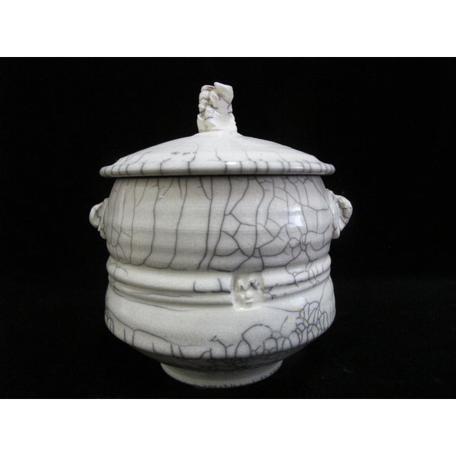 Raku Fired Crackle Glaze Studio Art Pottery Lidded Vessel Jar Signed For Sale - Image 4 of 10