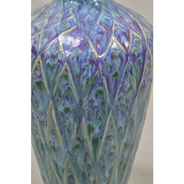 20th C. Mid Century Modern Ceramic Pottery Glazed Feather Pulled 20" Purple Blue Vase For Sale In Philadelphia - Image 6 of 11