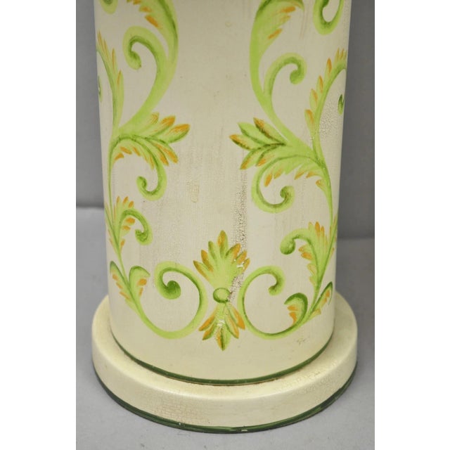 Late 20th Century Late 20th Century French Country Cream & Green Distressed Tole Metal Cylinder Table Lamps - A Pair For Sale - Image 5 of 14