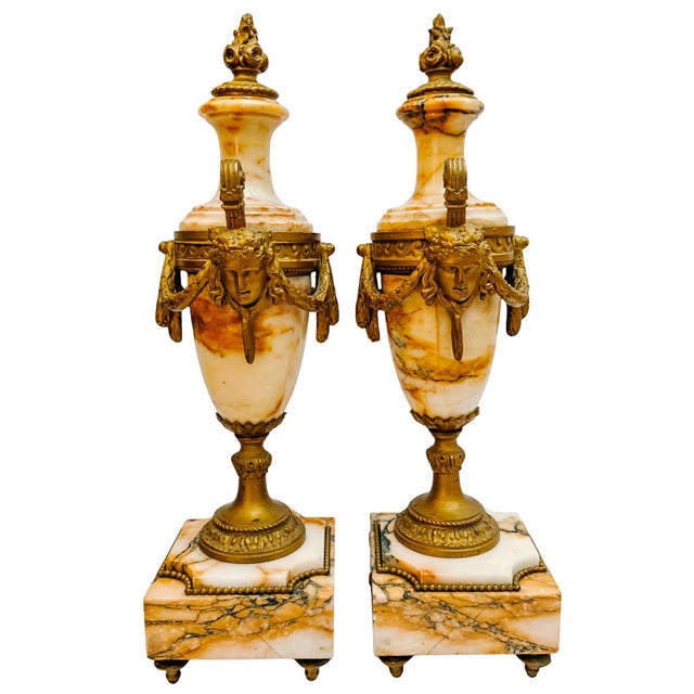 French Pair of 19th Century French Louis XVI Style Marble and Gilt Bronze Cassolettes For Sale - Image 3 of 15