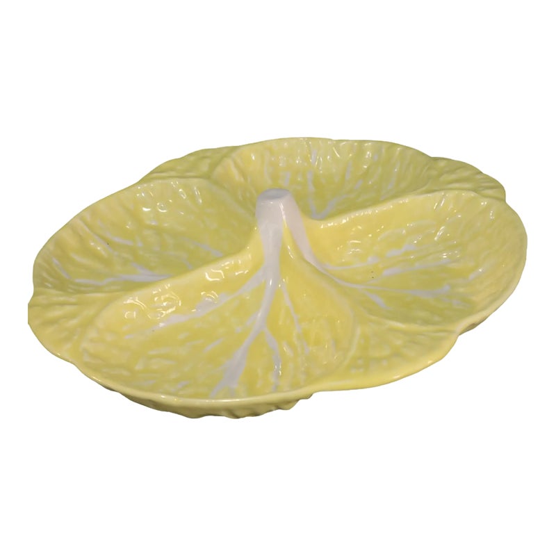 Vintage Majolica Secla Cabbage Leaf Portugal Yellow 4 Part Snack Relish Platter