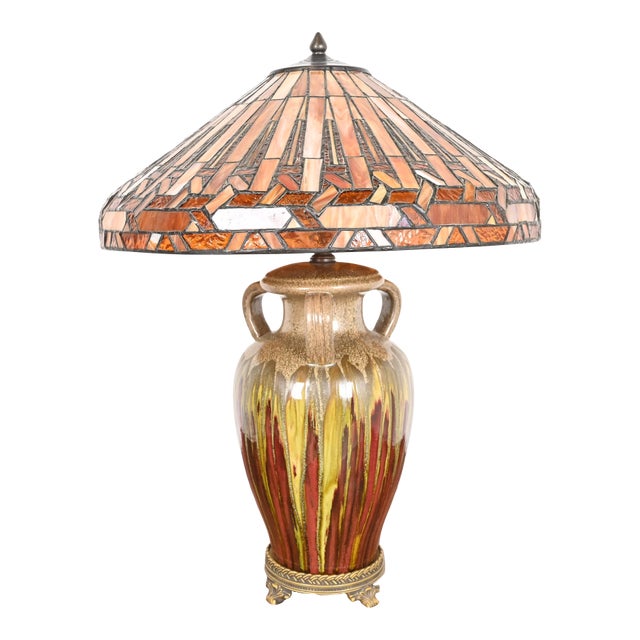 Tiffany Style Arts & Crafts Ceramic Table Lamp With Stained Glass Shade For Sale