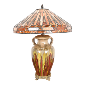 Tiffany Style Arts & Crafts Ceramic Table Lamp With Stained Glass Shade