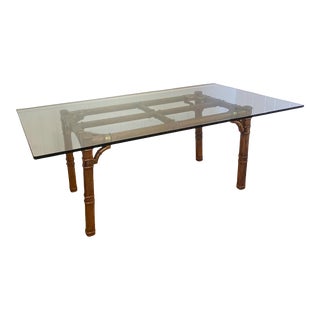 Hollywood Regency Faux Bamboo & Brass Fretwork Glass Top Dining Table For Sale