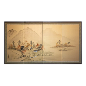 1960s Shōwa Era Japanese Silk Byobu Screen "Mountain Landscape With Houses"