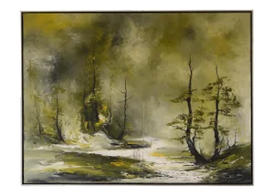 Large 1960s Bob Pepper Modernist Abstract Landscape Forest Painting, Signed and Framed