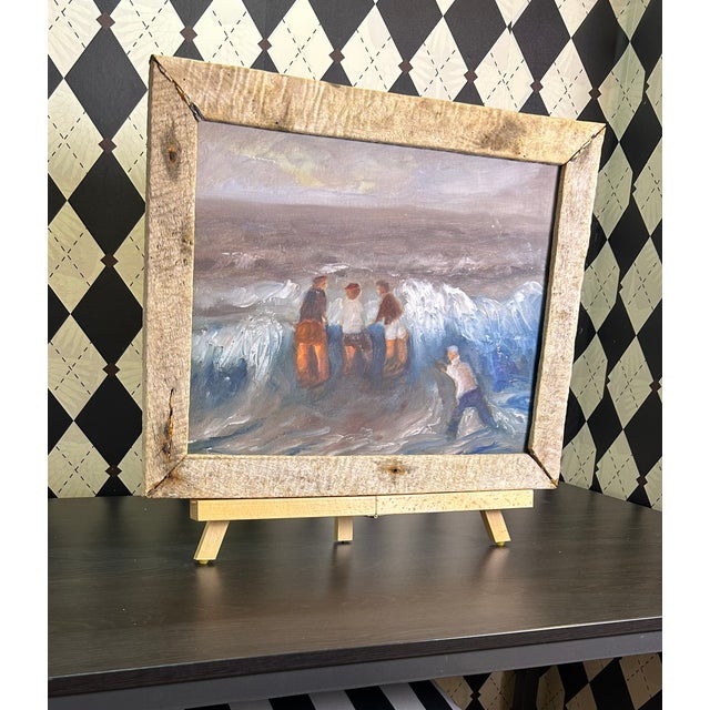 Blue 1990s Original Coastal Figural Seascape Oil Painting in Rustic Wood Frame, 18" For Sale - Image 8 of 16