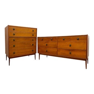 1970s Mid-Century Modern Matching Dresser Set Attributed to John Van Koert for Drexel - 5-Drawer Highboy + 8-Drawer Lowboy, 2 Pieces For Sale