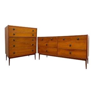 1970s Mid-Century Modern Matching Dresser Set Attributed to John Van Koert for Drexel - 5-Drawer Highboy + 8-Drawer Lowboy, 2 Pieces