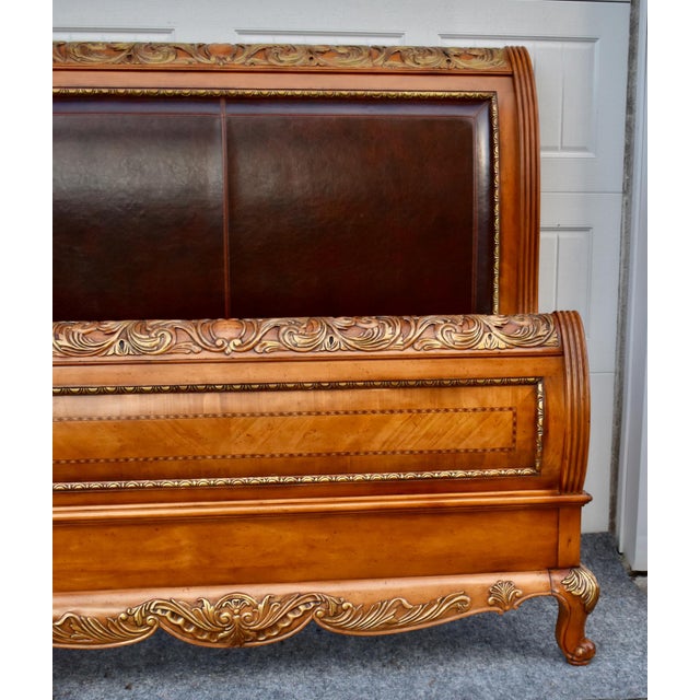 Legacy Pine Upholstered Sleigh Bed Carved and Inlaid Ornate Queen Frame For Sale - Image 12 of 18