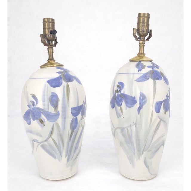 Pair of Ceramic White & Flow Blue Artist Signed Vase Shape Table Lamps MINT