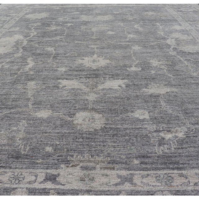 Turkish Angora Oushak Rug in Slate Gray With Ivory Botanical Motifs 9'11 X 13'3 For Sale - Image 14 of 16