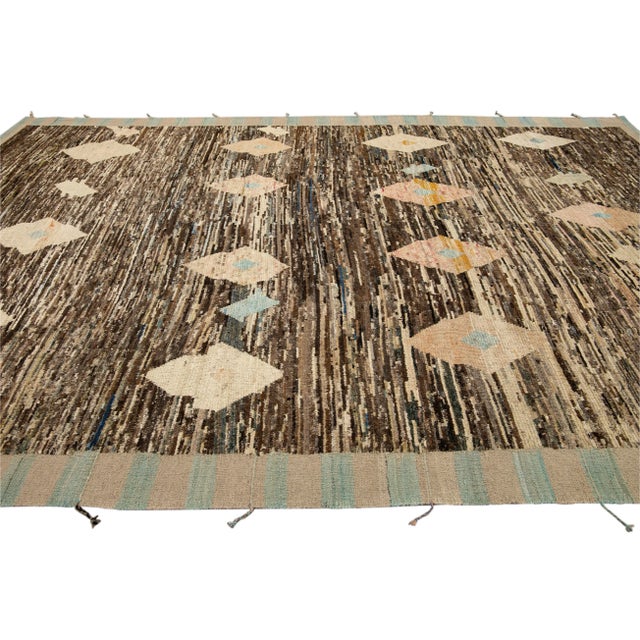 2020s Modern Brown Moroccan Style Handmade Geometric Motif Wool Rug For Sale - Image 5 of 10