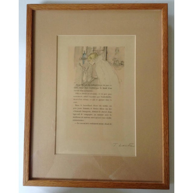 This signed piece of art is a hand colored sketch of a girl looking out a window on top of a page of French text, possibly...