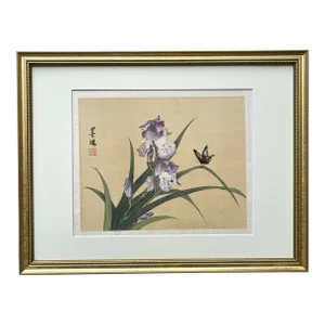 Vintage Original Chinese Watercolor Painting of Purple Iris Flowers and Butterflies on Silk