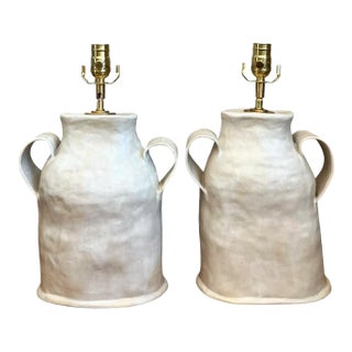 Vintage Biomorphic Double Handled Studio Pottery Lamps - a Pair For Sale