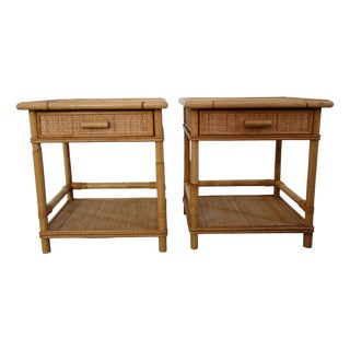 Bedside Tables in Woven Wicker and Bamboo, 1970s, Set of 2 For Sale