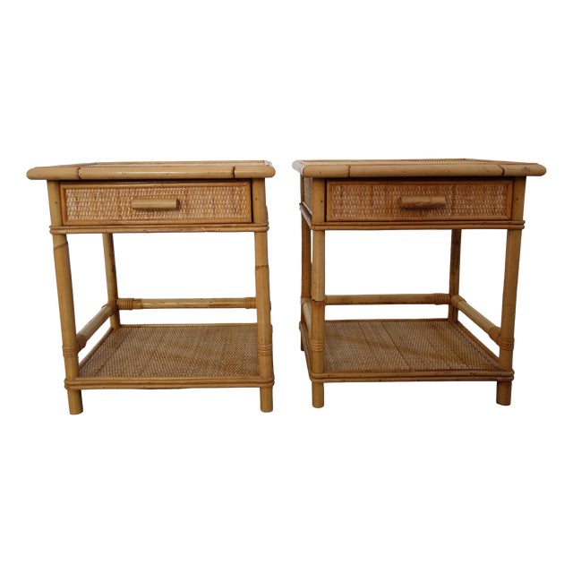 Bedside Tables in Woven Wicker and Bamboo, 1970s, Set of 2 For Sale