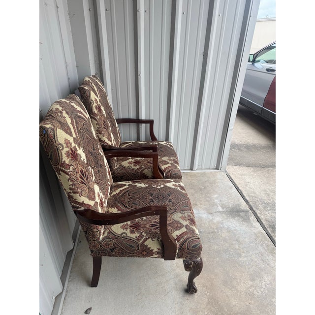 1930s 2 Vintage Queen Anne Accent Chairs, Paisley Tapestry Armchairs, Cabriole Legs For Sale - Image 5 of 11
