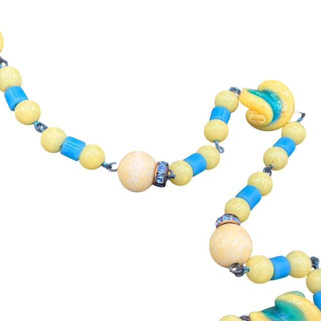1930s 1930s Czechoslovakian Art Deco Yellow White & Blue Bohemian Art Glass Bead Necklace For Sale - Image 5 of 6