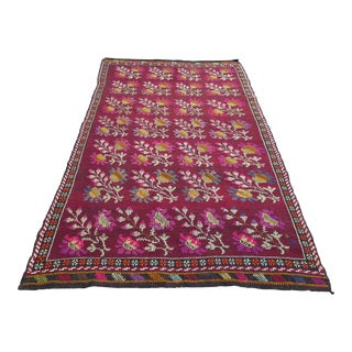 Vintage Red Floral Goathair Handmade Turkish Kilim Boho Area Rug For Sale