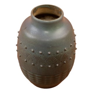 Art Deco Green Glazed Stoneware Vase with Incised Geometric Decor and Small Dots by Charles Gréber for Beauvais Manufactory, 1920s For Sale
